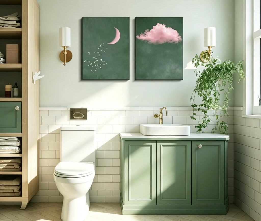 Pink and Green Moon Canvas Canvas Wall Art Set of 2, 12x16 Inches