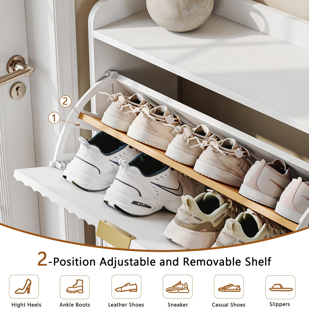White Fluted Slim Shoe Cabinet Storage with 2 Flip Drawers