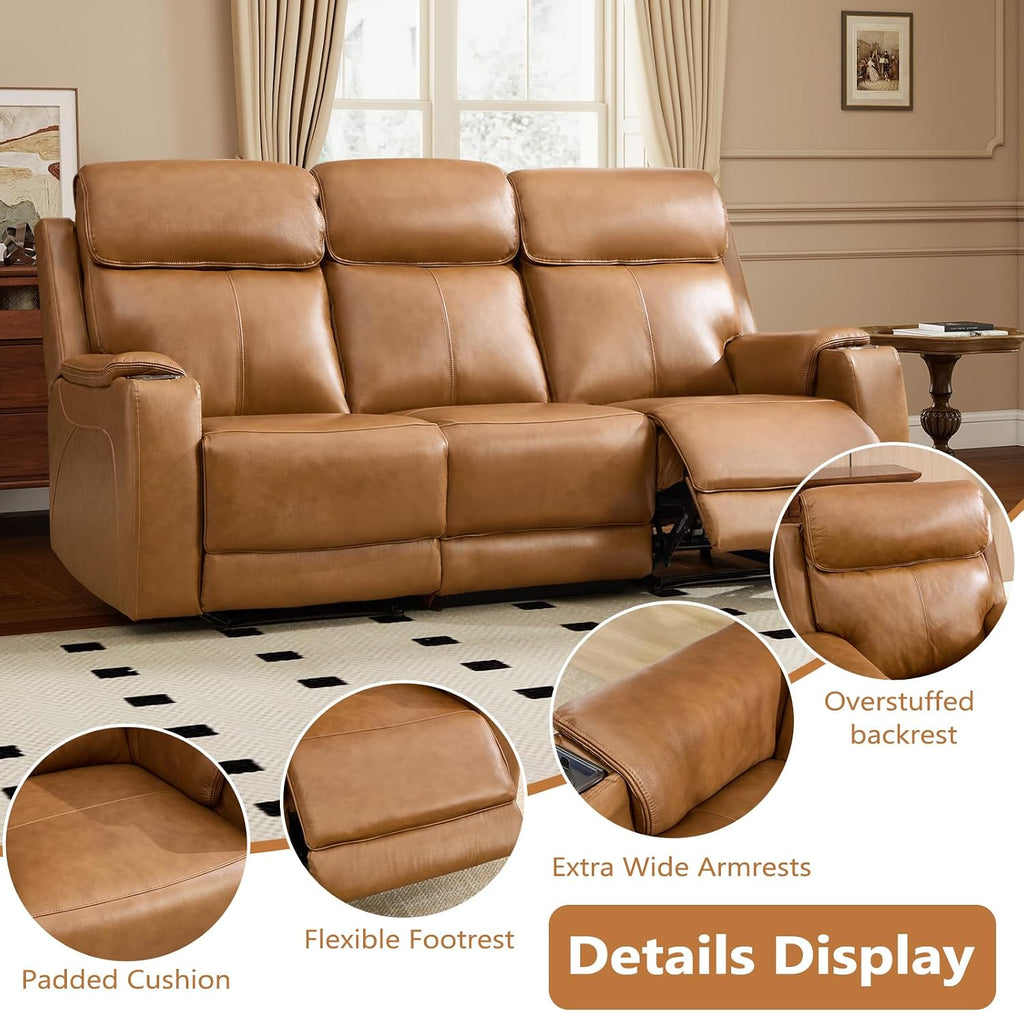 3-Piece Top Grain Leather Electric Recliner Sofa Set, Included Dual Motor Recliner with Power Headrest, Loveseat with