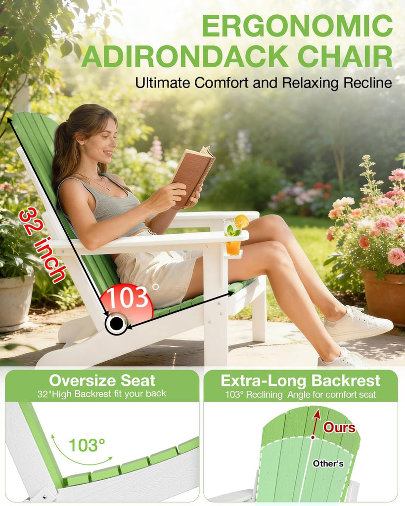 Folding Adirondack Chair, 25 Year Fade Proof Outdoor Patio Chairs | 400 LBS Capacity,Wooden Textured,All-Weather