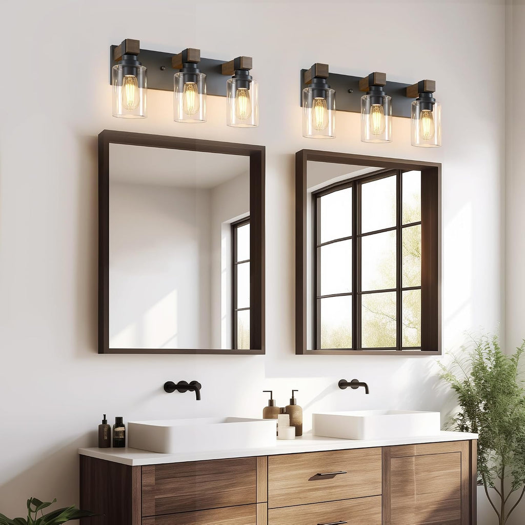 Farmhouse 3-Light Bathroom Vanity Light Fixtures, Black and Wood | 18.8′′ Rustic Matte Black Metal Frame, Clear Glass