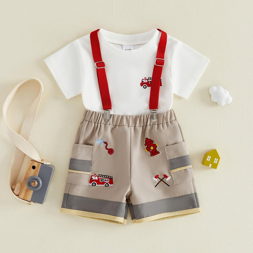 Toddler Baby Boy Summer Clothes Firefighting T Shirt Suspender Shorts Set