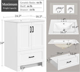 24.5" Modern Bathroom Vanity with Ceramic Basin, Undermount Vanity Sink Cabinet with 2 Doors and 1 Drawer, Free Standing Bathroom Storage Cabinet with Sink Combo Set, White A133-B0DJ2821DS