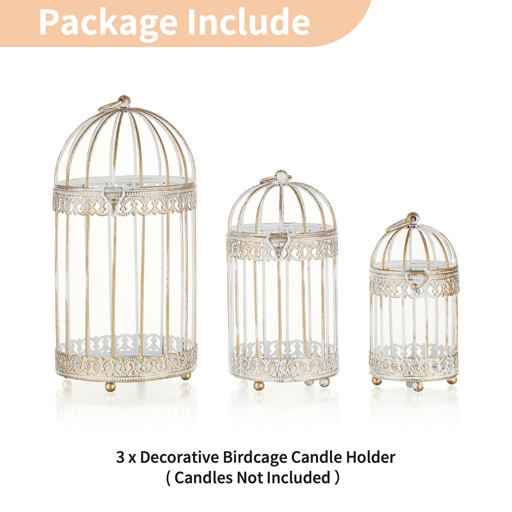 Decorative Candle Lanterns White, Distressed White Metal Bird Cage