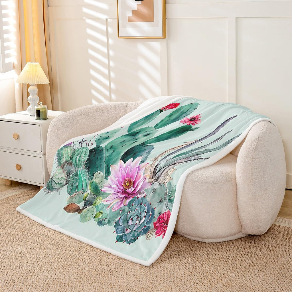 Cactus Fleece Throw Blanket with Boho Succulent Botanical Floral Print Plush Sherpa Blanket for Sofa Bed Couch 30x40