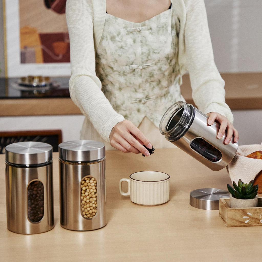 3 Pcs Stainless Steel Canister Set with Glass Windows Visible Storage Jars Silver Kitchen Canister Set for Pasta