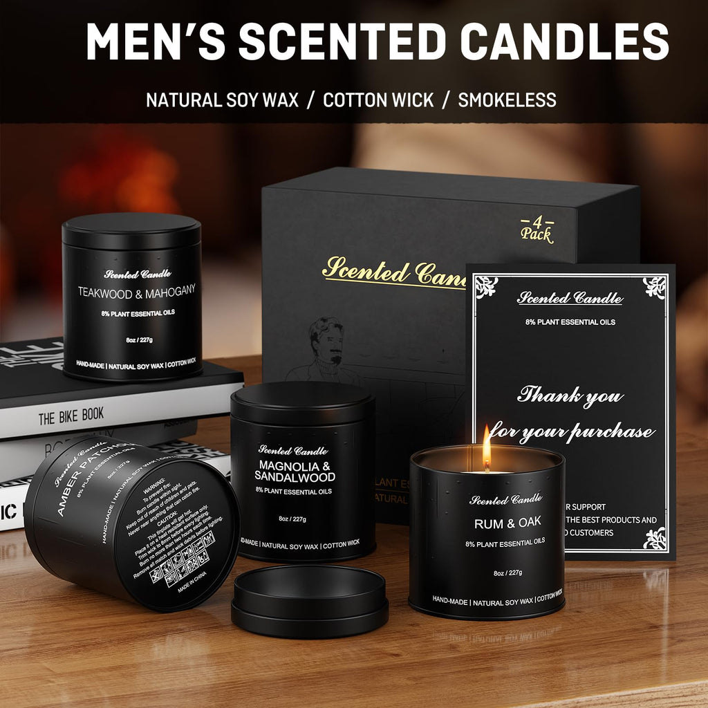 Scented Candles for Men Set-4 Pack Luxury Soy Wax Candles, 8oz Large Strong Scented Candles, Masculine Essential Oil