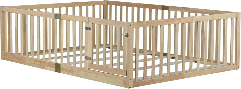 Kids Montessori Floor Bed Frame with Door and Slats, Solid Wood Floor Bed Frame with Slats and High Fence