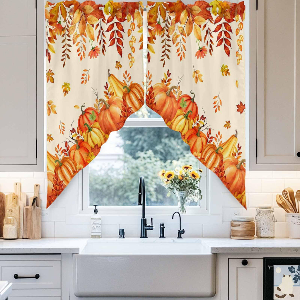 Fall Valances for Windows Thanksgiving Kitchen Window Curtains Over Sink, Orange Pumpkin Maple Leaf Rod Pocket Swag
