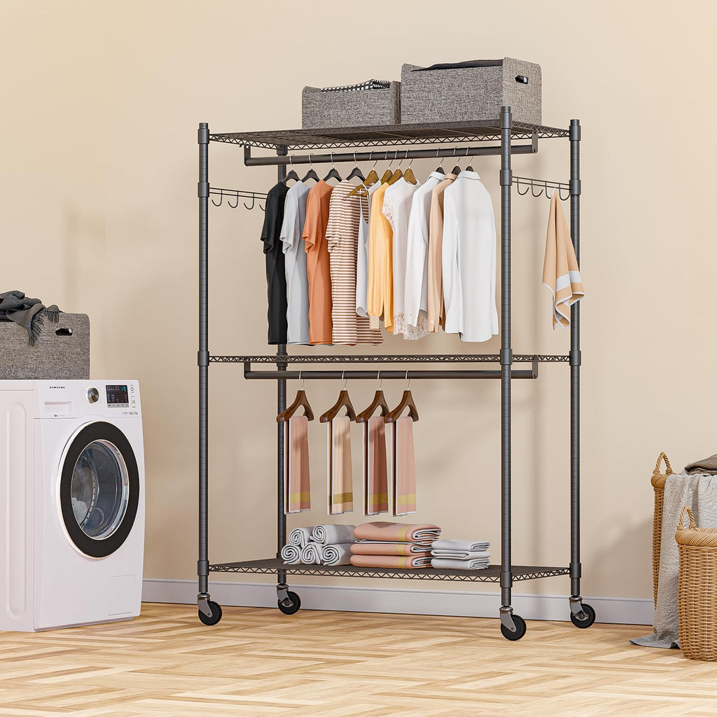 Heavy Duty Rolling Clothing Rack, Adjustable Garment Rack with 3 Tier Storage Shelves, Freestanding Closet Wardrobe