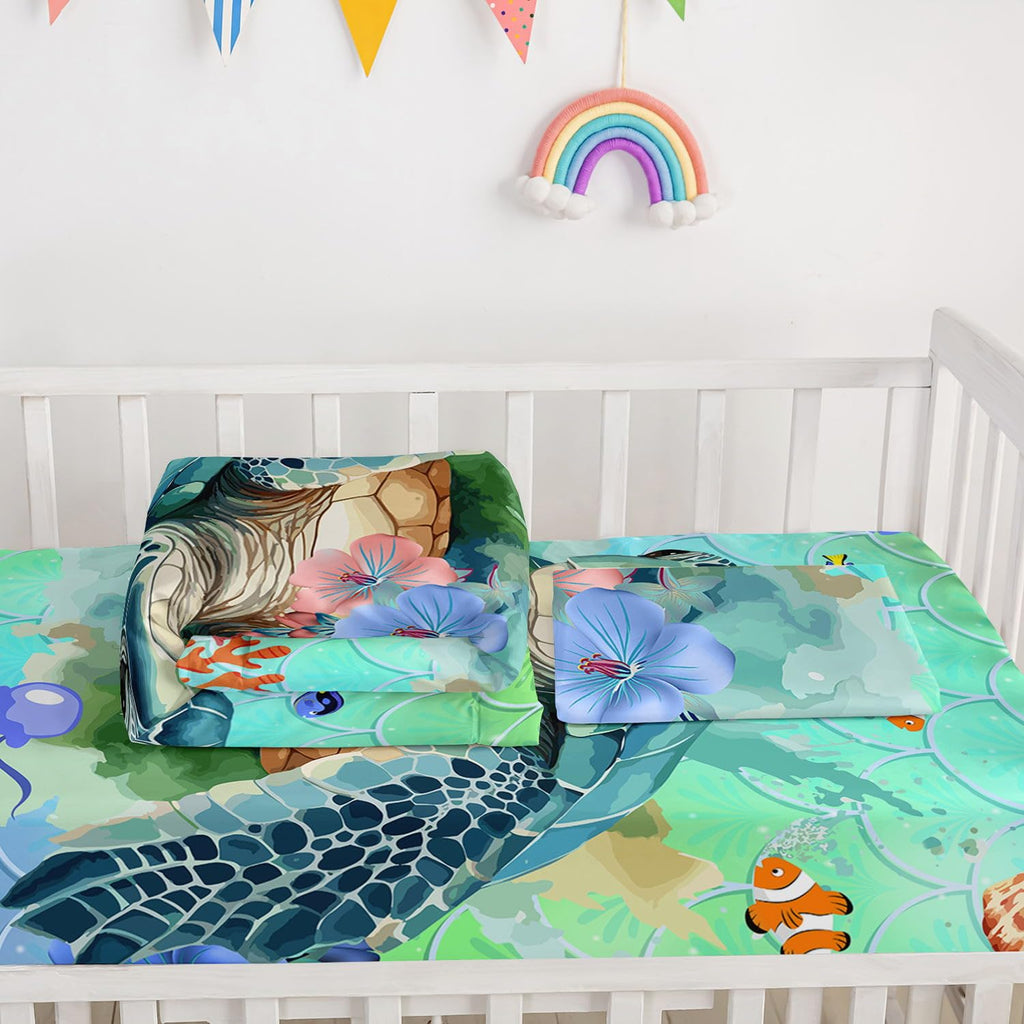 Crib Bedding Set,3pcs Nursery Cartoon Turtle Ocean Printed Crib Bedding Set,with Comforter Sheet & Skirt for Baby