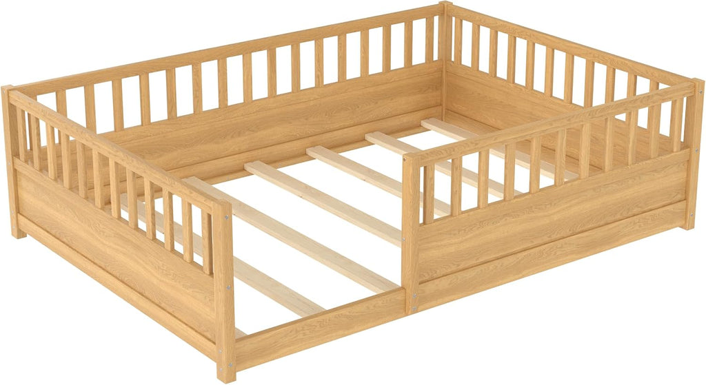 Full Size Floor Bed with High Fence, Wood Montessori Bed with Slats and Guardrails