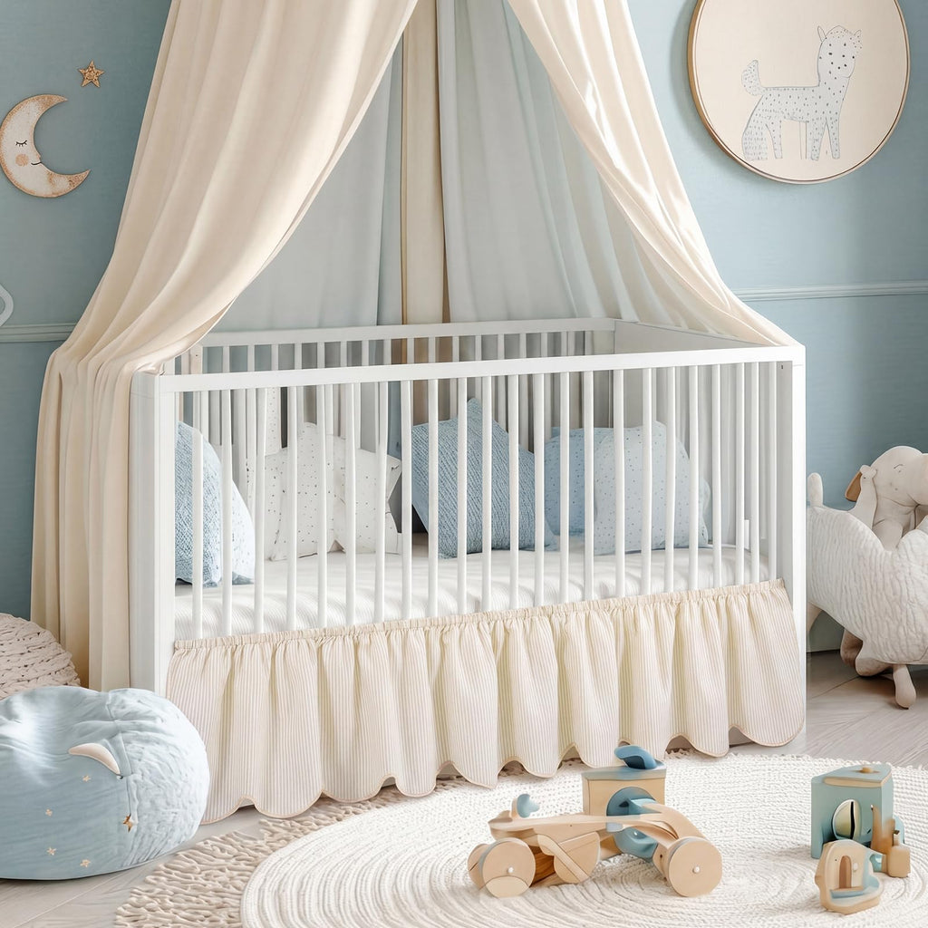 Beige Cotton Crib Skirt Scalloped Edge, 16" Drop Fits 28"x52"