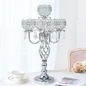 Crystal Candelabra Centerpiece, 5-Light Gold Metal Stand with Hanging Crystals, Decorative Wedding Table Holder (1
