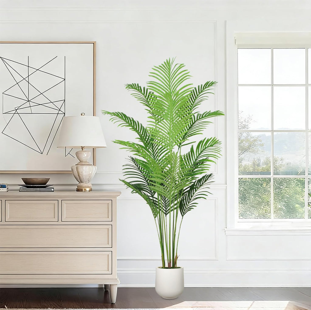 Artificial Palm Tree 6FT with White Planter, Realistic Faux Tropical Plant with Lifelike Green Leaves, Indoor