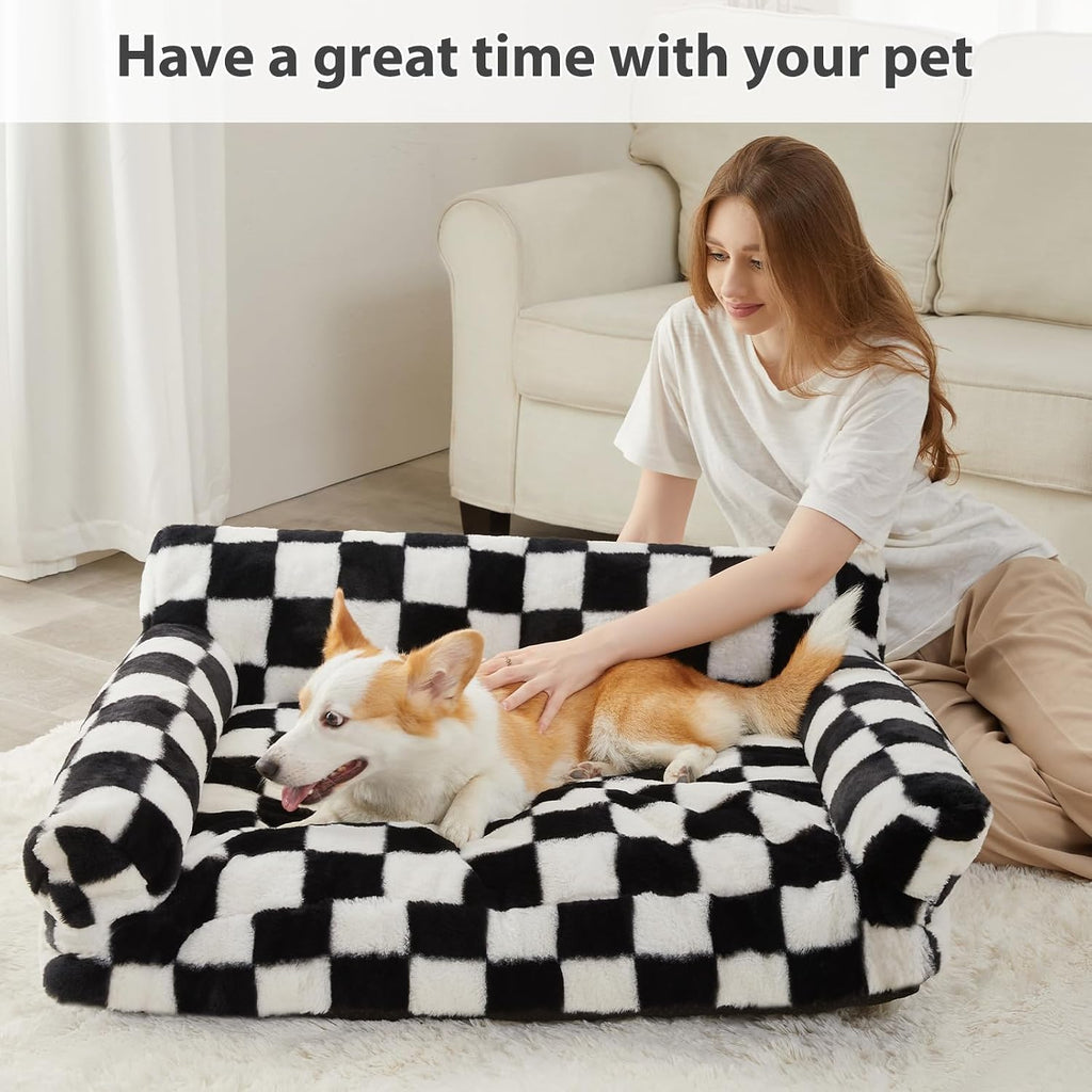 Large Dog Couch Bed, Cute Pet Sofa with Non-Slip Bottom, Checkered Dog Bed with Washable Cover, XL Pet Couch