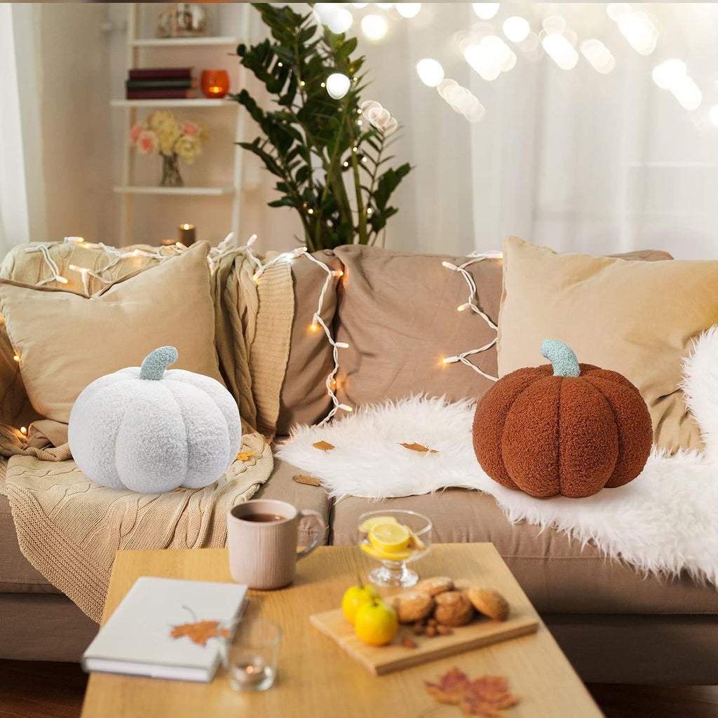 3D Pumpkin Pillow Fall Decor Cushions,White, Brown - Set of 2