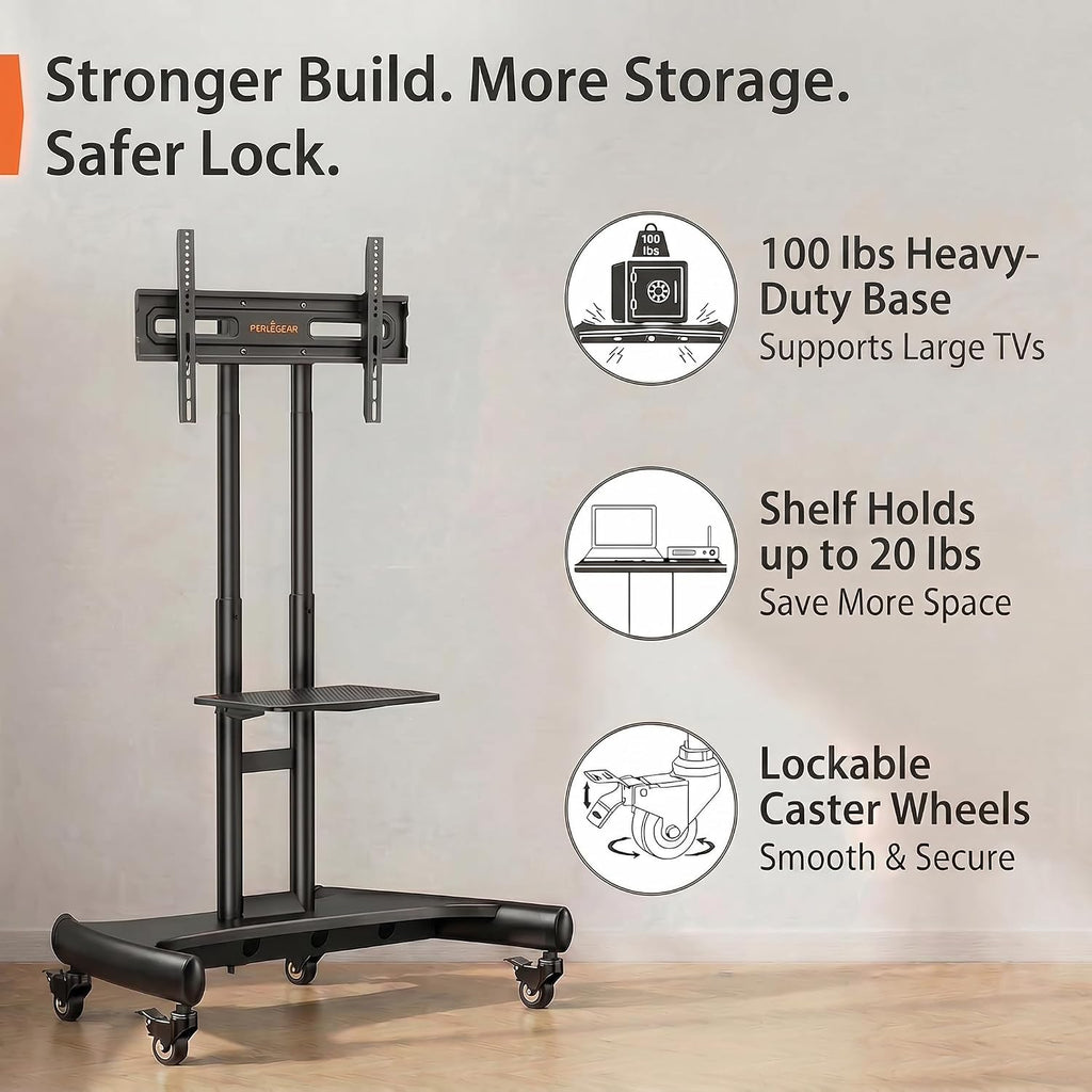 Rolling TV Stand for 32-84 Inch TV, Mobile TV Cart up to 100lbs, Adjustable Height Outdoor TV Cart with Heavy-Duty