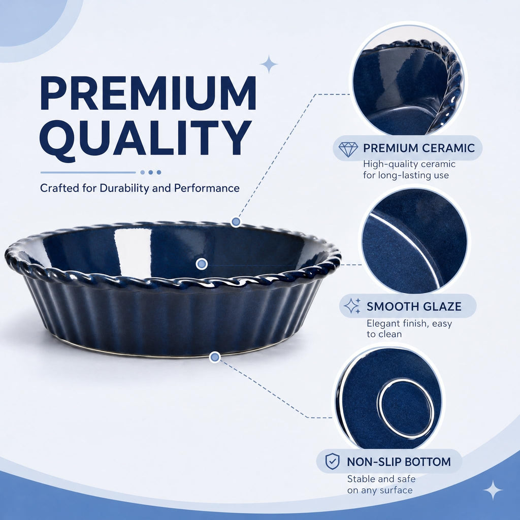 2 Pack Ceramic Pie Pans, 10 Inch Deep Fluted Pie Plate, 54 Ounce Round Baking Dish for Quiche, Apple Pecan Pie, Pot