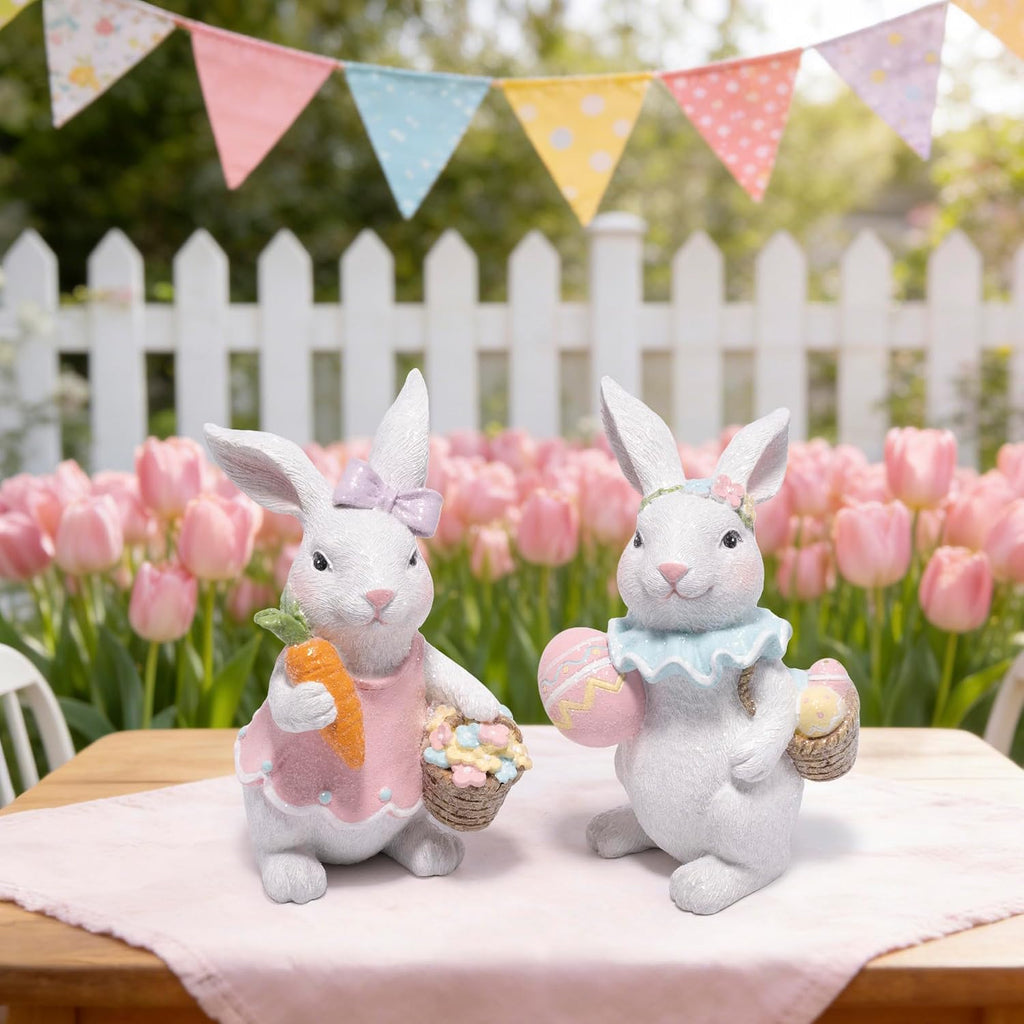 Easter Bunny Figurines Set, Spring Rabbit Decor with Easter Eggs Basket, Floral Wreath Bunny Statues, Tabletop Home - Set of 2