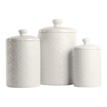 Embossed Ceramic Kitchen Canister Set, Set of 3, Hampton White