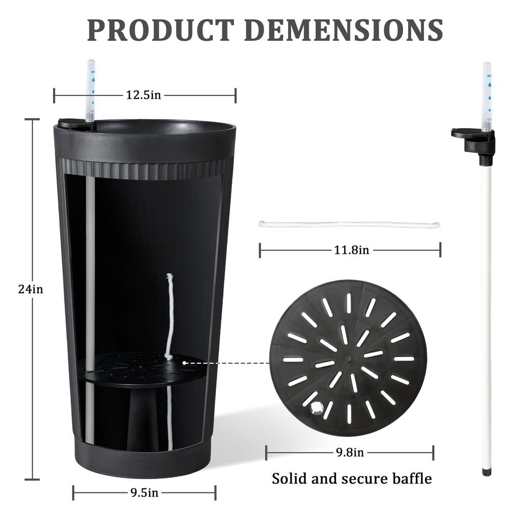 24" Self Watering Tall Black Planters Outdoor Set of 2