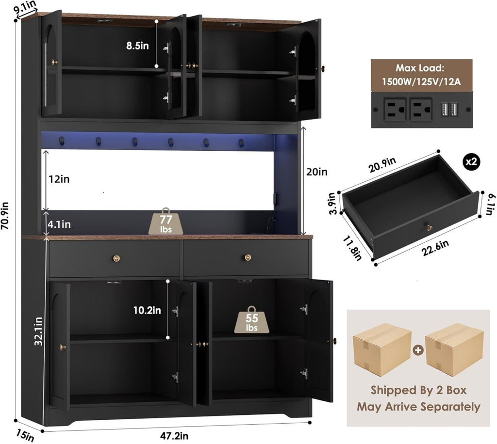 71" LED Kitchen Pantry Cabinet with Power Outlet, Tall Hutch, Black | Coffee bar Hutch Cabinet with 2 Storage