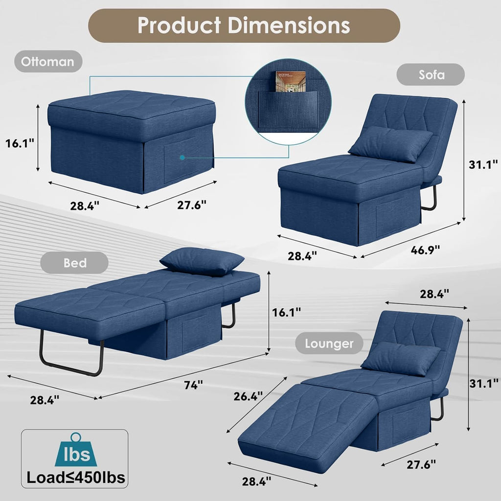 Ottoman Bed Sleeper, 28" Convertible Sleeper Chair Bed, Navy Blue