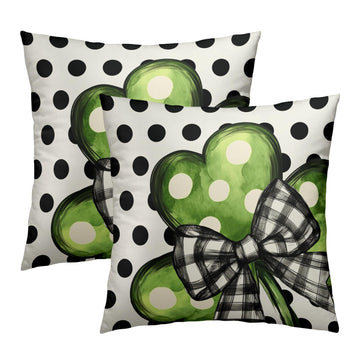 Green Lucky Clover Pillow Covers 22x22 Inch, Set of 2 Black White Plaid Bow Polka Dot Shamrock Leaf Farmhouse Cotton
