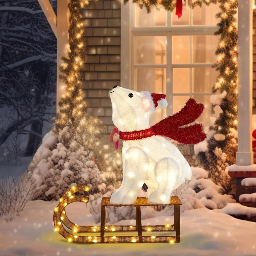 2.8FT Lighted Sleigh Polar Bear Christmas Outdoor Decorations, Christmas Yard Decorations with 104 Prelit LED, Light