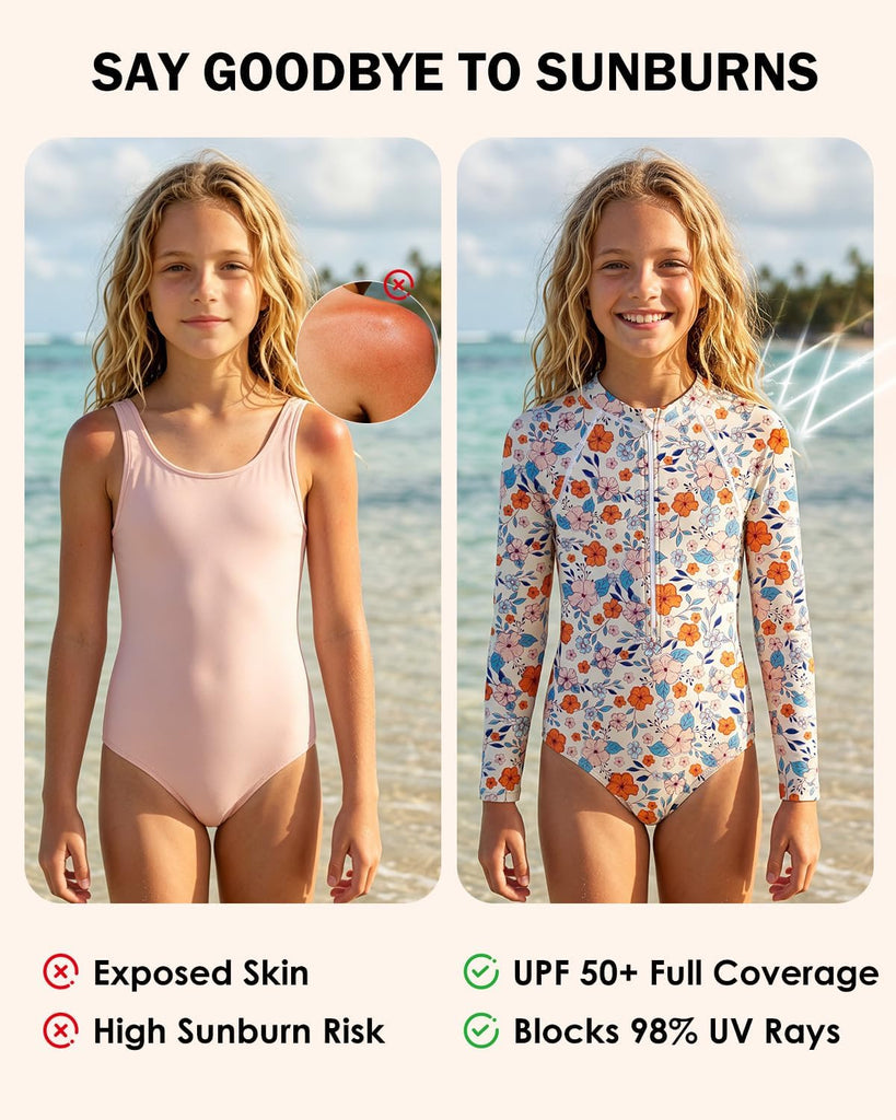 Girls Long Sleeve Swimsuit Rash Guard One Piece Zip