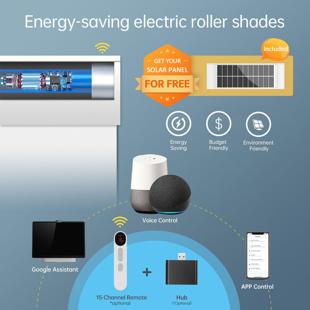 Motorized Blinds with Remote, Thermal Electric BlindsSolar Panel:, Customizable Automatic Roller Shades, Blackout