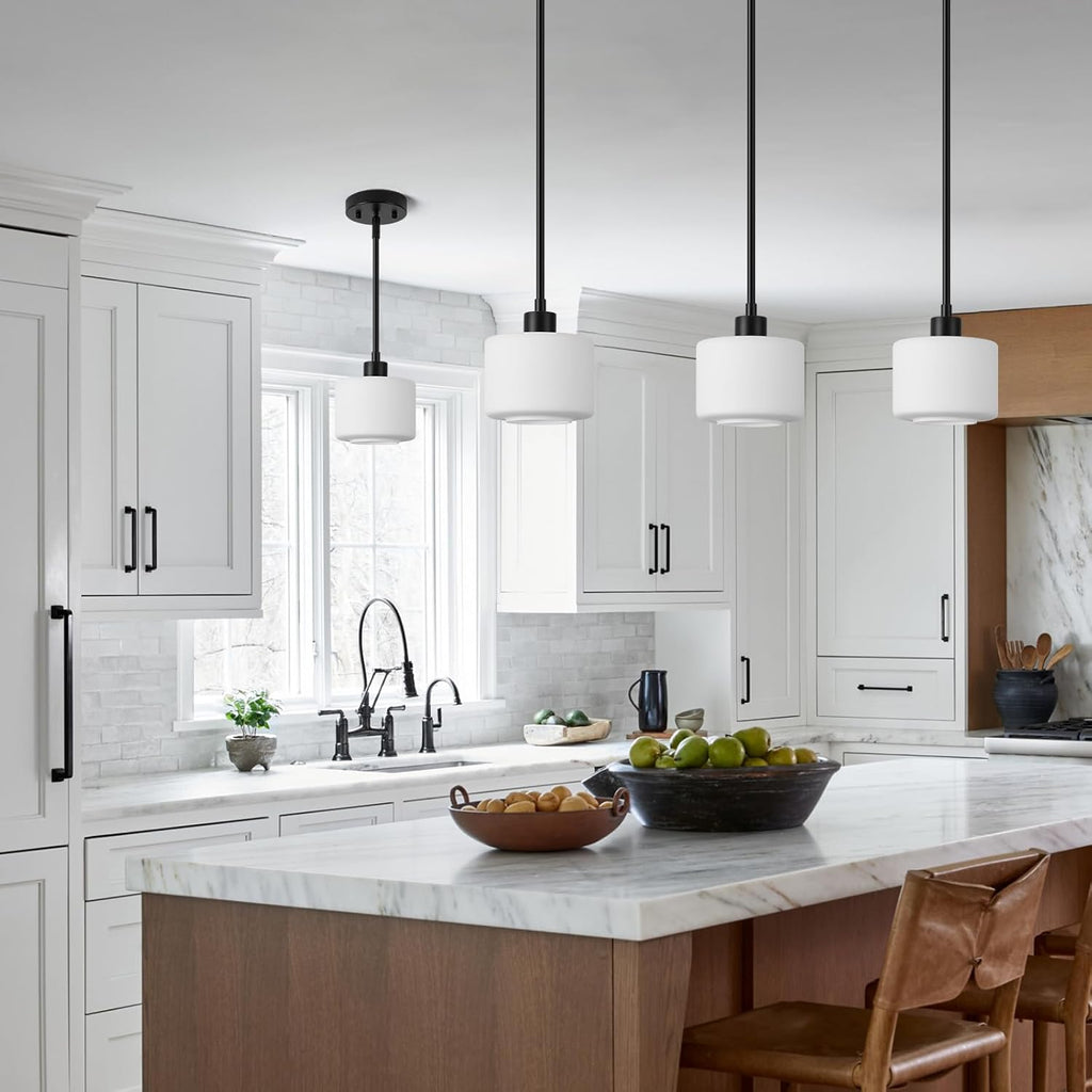 Black Pendant Lights Kitchen Island 2 Pack, Modern Milk Glass Hanging Light Fixtures with Rods, Mini Kitchen Pendant