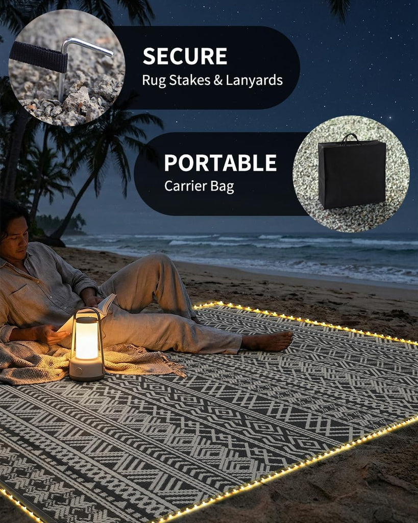 Outdoor Rug Carpet RV Camping with Led Strip Lights Waterproof Plastic Straw Rug Reversible Portable Outside