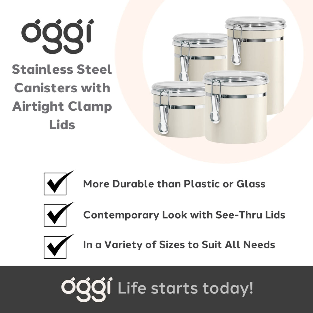 Stainless Steel Kitchen Canister 26 fl oz, Gray - Airtight Clamp Lid, Clear See-Thru Top - Ideal Storage, Food