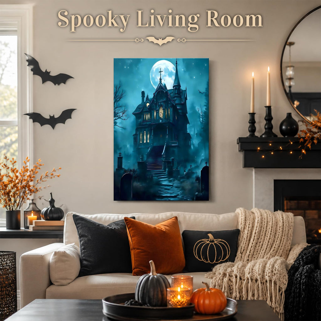 Framed Halloween Canvas Art Haunted Mansion in Foggy Forest Under Full Moon, Gothic Horror Landscape Artwork Canvas