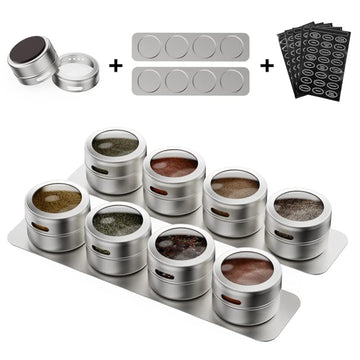 Set of 8 Magnetic Spice Tins with 2 Metal Wall-Plates,120 Preprinted Seasoning Label Stickers,2 Styles for 3 oz Herb