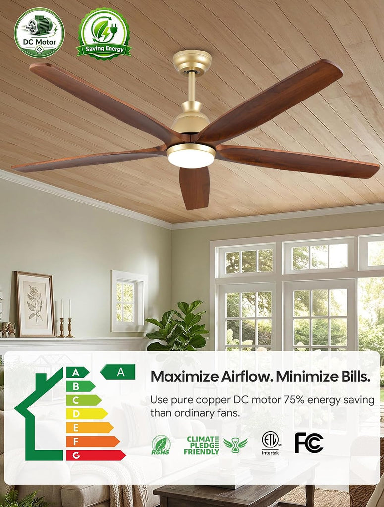 72 Inch Ceiling Fan with Light, Gold Brass Finish, 5 Solid Walnut Wood Blades, Remote, Quiet DC Motor for High Ceilings
