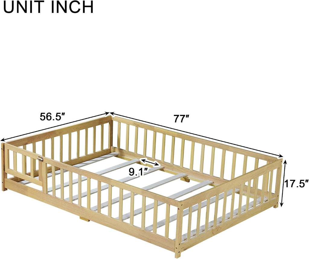 Floor Bed Frame with Fence and Door for Kids, Montessori Floor Bed with Slats and Safety Guardrails, Solid