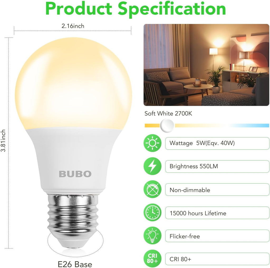 A19 LED Light Bulbs, 40 Watt Equivalent LED Bulbs, Soft White 2700K, 550 Lumens, E26 Standard Base, Non-Dimmable, 5W