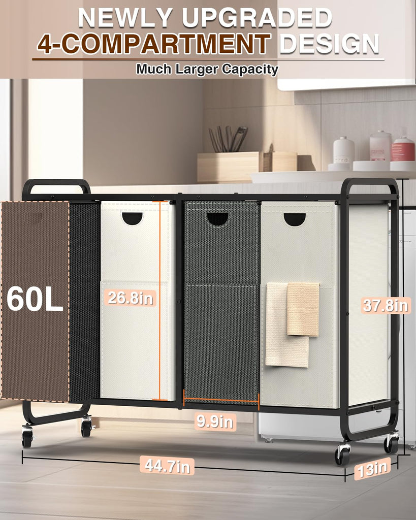 Laundry Sorter 4 Section, Laundry Basket with Wheels, 4×15.8 Gal (60L) Laundry Hamper Organizer with Large Wooden