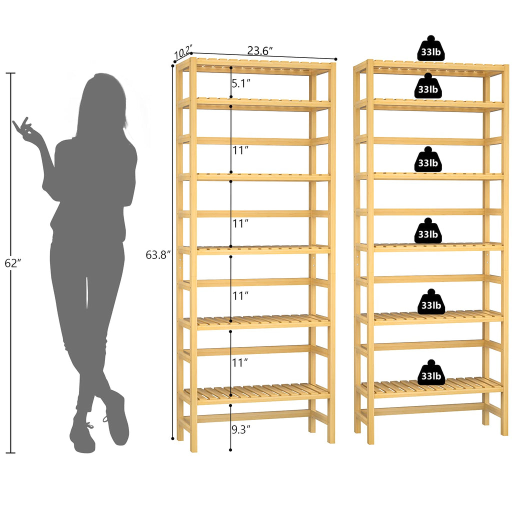 6-Tier Bamboo Shelf, 63" Tall Adjustable Bookshelves and Bookcases