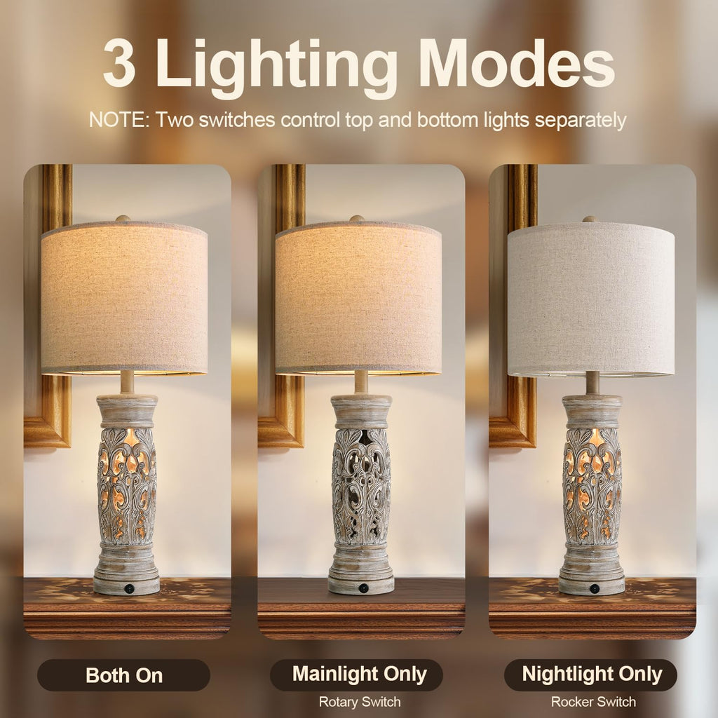 27.25"Farmhouse Table Lamps Set of 2 with Night Light, Rustic Bedside Lamp