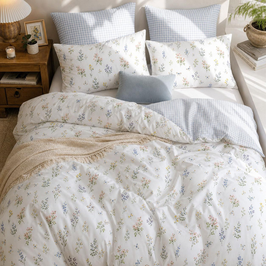 Gingham Comforter Set 3 Pieces Colourful Floral Bedding Set