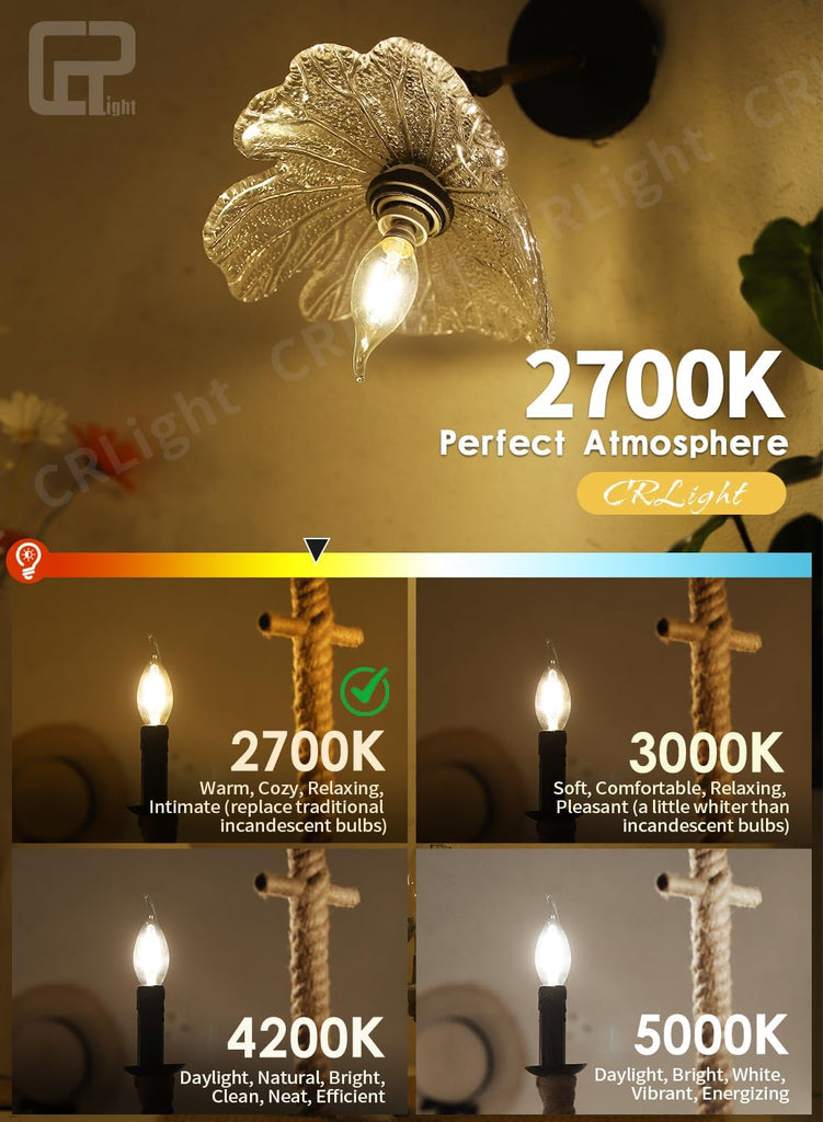 2W E12 Dimmable LED Candelabra Bulb C35 2700K Warm White, 12 Pack