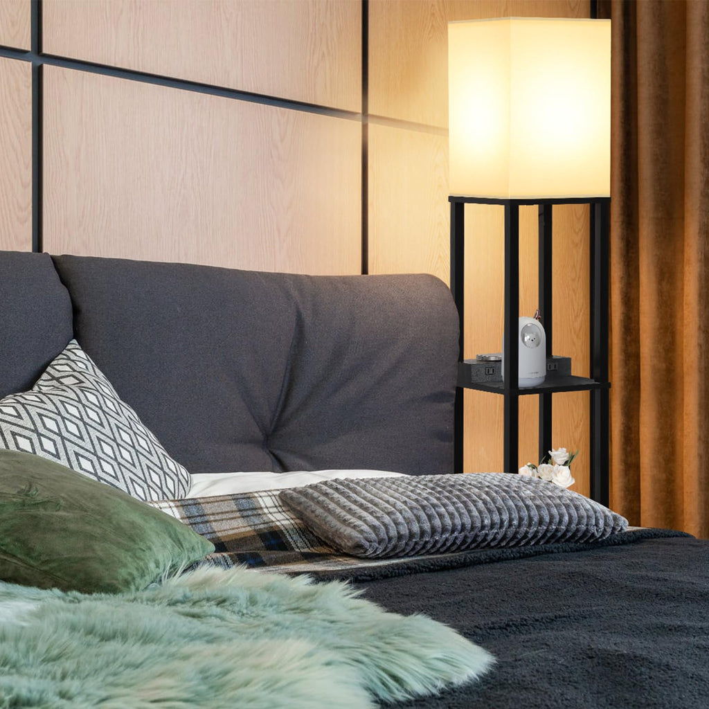 Shelf Floor Lamp with Wireless Charger, USB, Type C, AC Port, Black