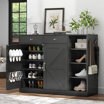5-Tier Shoe Cabinet with 4 Side Cubbies, Farmhouse Shoe Rack Cabinet with 6 Adjustable Shelves & 2 Drawers