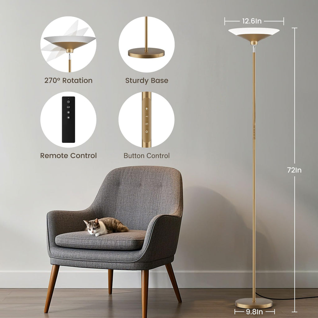 Torchiere Floor Lamp - 72" Tall LED Standing Lamp with Remote/Button Control, 1800Lm - 30W Dimmable Modern