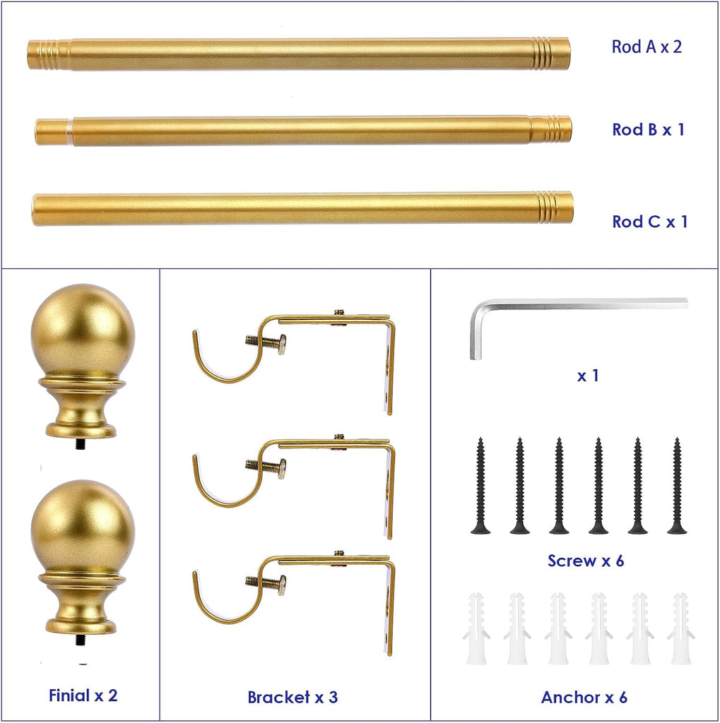Curtain Rods - 1" Diameter, Standard Decorative Window Curtain Rod Set with Brackets - Gold