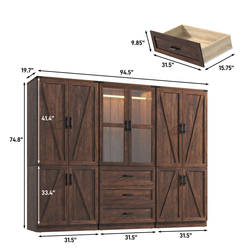 75" Tall Farmhouse 6 Doors Armoire Wardrobe Closet with 3 Drawers and LED, Freestanding Closet Wardrobe Cabinet with